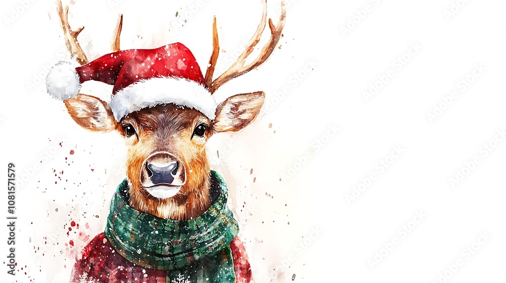 Happy reindeer wearing a red and white Santa hat and a green scarf, watercolor painting, standing against a plain white backdrop, intricate details, festive holiday mood, soft brushwork, hd quality, Happy reindeer wearing a red and white Santa hat and a green scarf, watercolor painting, standing against a plain white backdrop, intricate details, festive holiday mood, soft brushwork, hd quality,