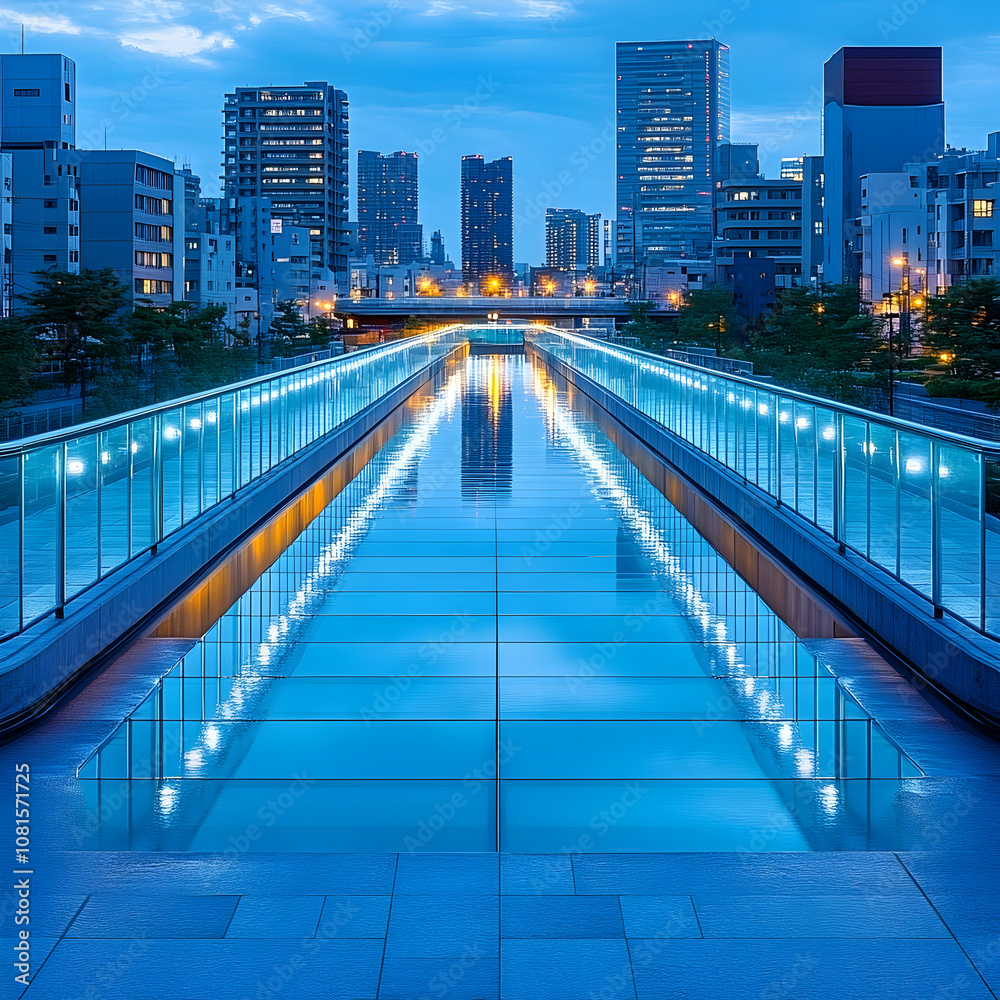 Fototapeta premium A modern pedestrian bridge with a reflecting pool in a city at dusk.
