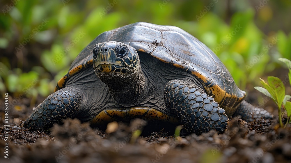 A black and yellow tortoise with a dark shell and a curious expression looks directly at the camera, on a brown dirt path covered in green grass. A black and yellow tortoise with a dark shell and a curious expression looks directly at the camera, on a brown dirt path covered in green grass.