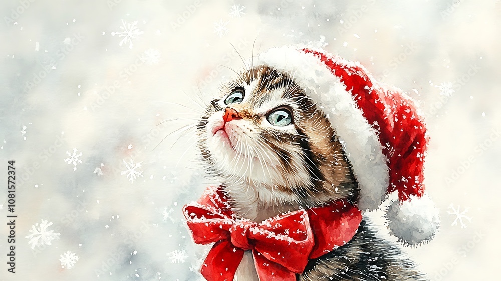Playful kitten in a Santa hat and red bow scarf, gazing up at falling snowflakes, watercolor painting, minimalistic white canvas, intricate details, festive holiday theme, soft brushwork, hd quality,
