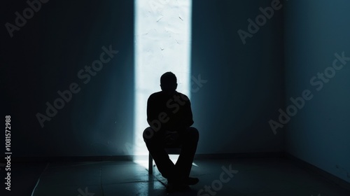 Mental health stigma portrayed by a silhouette sitting alone in a dimly lit room with shadows resembling silencing voices, Reflecting the unseen struggles of psychological challenges