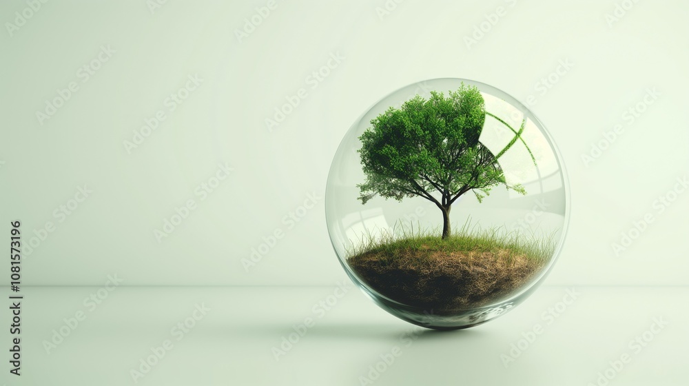 A small tree enclosed in a transparent glass vase. A small tree enclosed in a transparent glass vase.