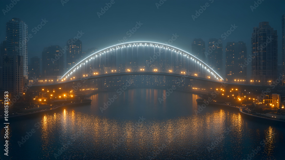 Illuminated bridge over a river in a cityscape at night, with fog. Illuminated bridge over a river in a cityscape at night, with fog.