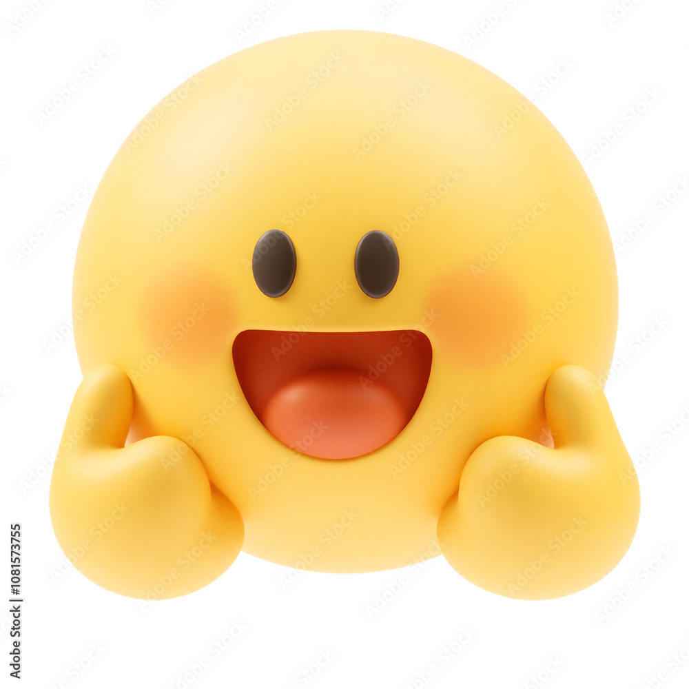 3D Render of a Happy Yellow Emoji with Blushing Cheeks and Double Thumbs-Up 3D Render of a Happy Yellow Emoji with Blushing Cheeks and Double Thumbs-Up