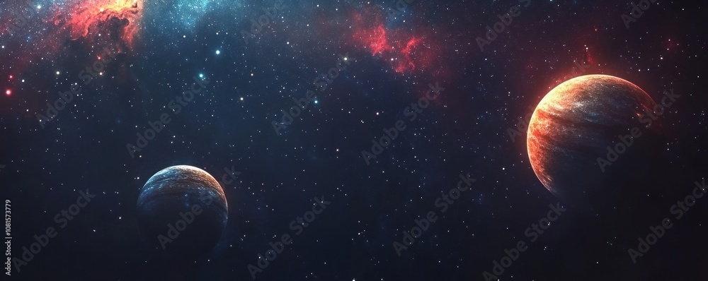 A cosmic scene featuring two planets amidst a starry background and colorful nebula. A cosmic scene featuring two planets amidst a starry background and colorful nebula.