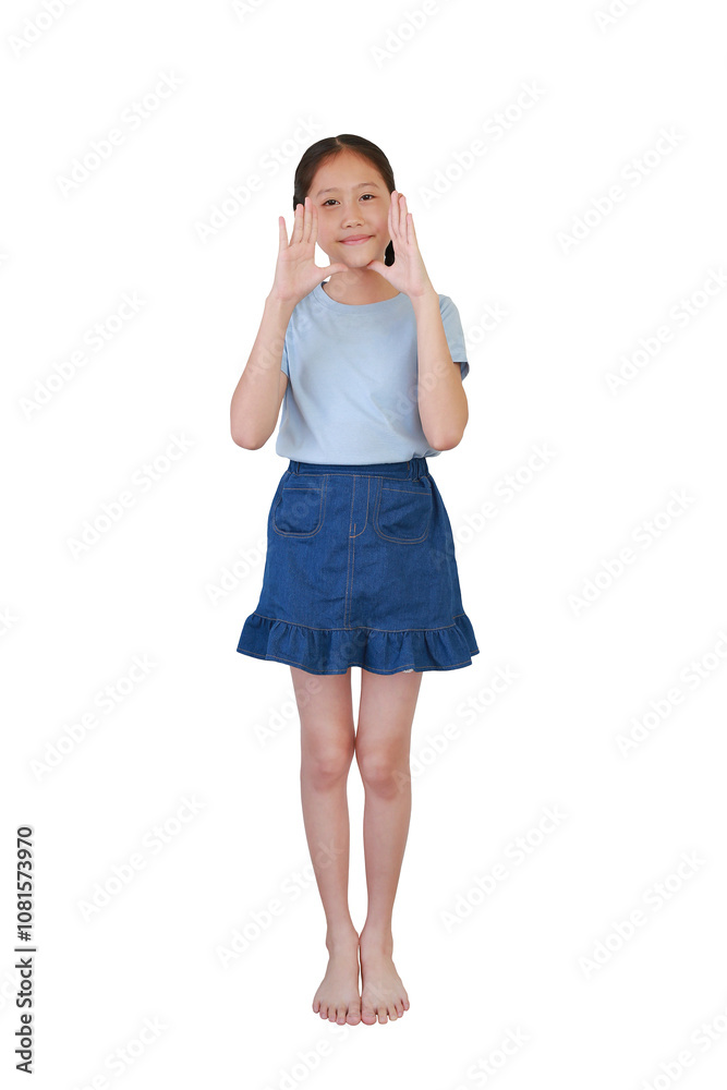 Portrait Asian girl child age 10 years old showing palm hands tell something gesture isolated on white background. Full body photo. Portrait Asian girl child age 10 years old showing palm hands tell something gesture isolated on white background. Full body photo.