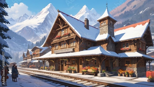 Snow Covered Train Station in the Mountains with Passengers