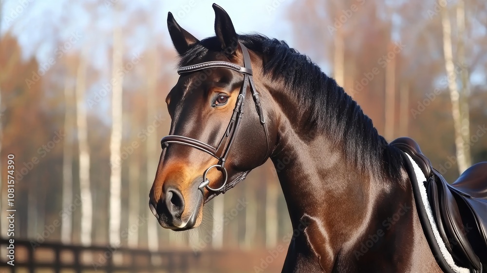 Obraz premium Majestic Brown Horse in Focused Equestrian Portrait with Natural Autumn Background
