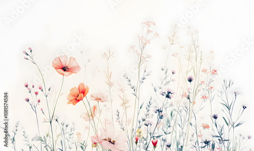 modern 2D doodle cartoon flower concept with open space for text, featuring whimsical floral and leafy elements on crisp white backgrounds.