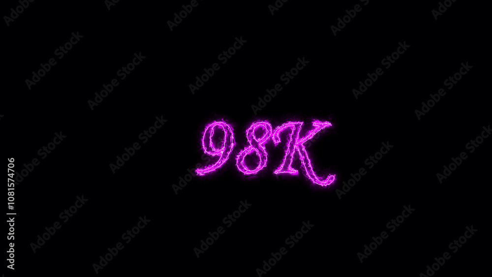 98K  text illustration.  Neon pink Color on dark Background.  Electric lighting text with animation on black background, 