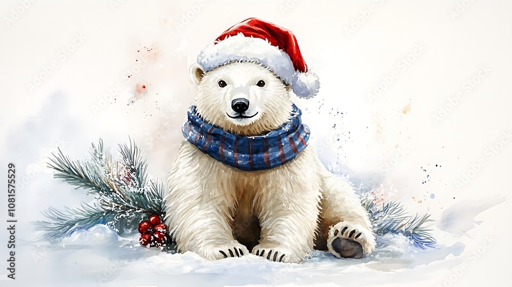 Watercolor illustration of a cute polar bear sitting happily, dressed in a red Santa hat and a blue striped scarf, plain white background, festive holiday mood, delicate brush strokes, hd quality,