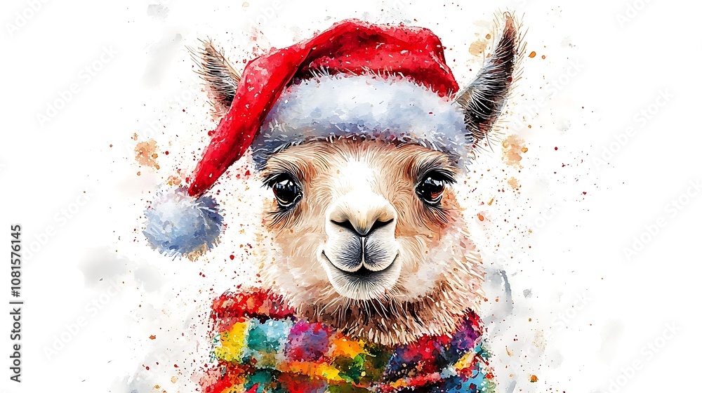 Watercolor llama in a red Santa hat and a multicolored scarf, adorned with tiny Christmas ornaments, clean white canvas, festive and lively atmosphere, soft and delicate brushwork, hd quality, Watercolor llama in a red Santa hat and a multicolored scarf, adorned with tiny Christmas ornaments, clean white canvas, festive and lively atmosphere, soft and delicate brushwork, hd quality,