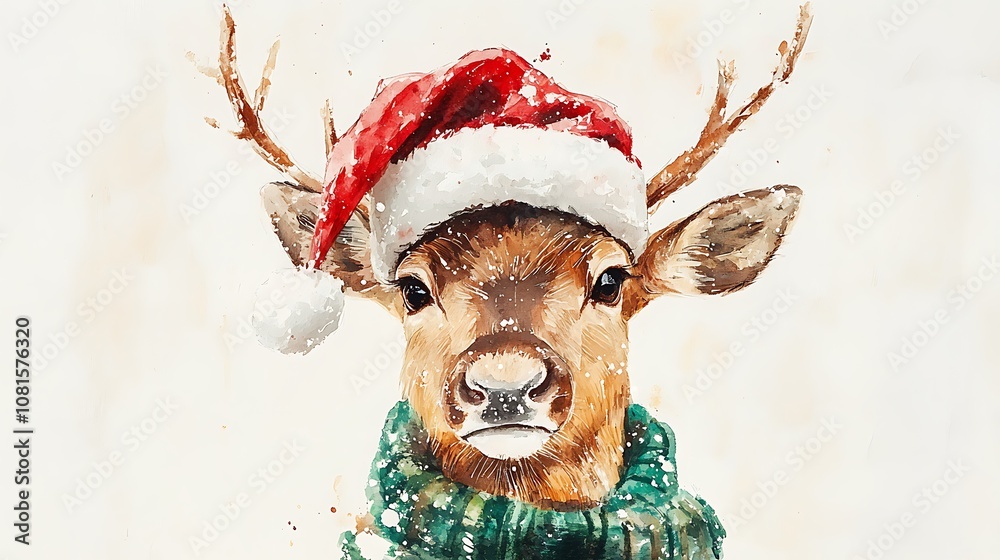 Watercolor painting of a cheerful reindeer in a red and white Santa hat and green cozy scarf, smiling against a simple white canvas, festive holiday theme, soft brushwork, intricate details, Watercolor painting of a cheerful reindeer in a red and white Santa hat and green cozy scarf, smiling against a simple white canvas, festive holiday theme, soft brushwork, intricate details,