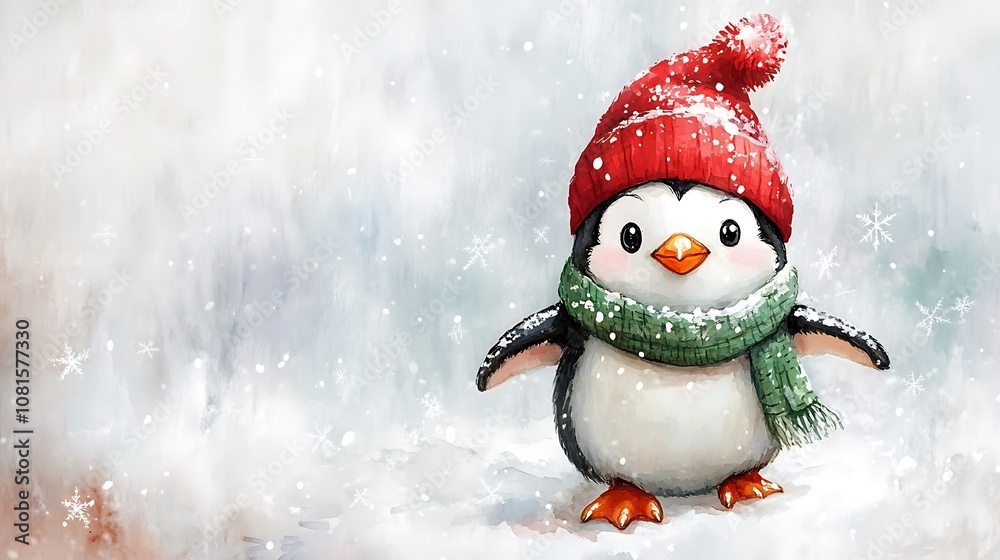Watercolor painting of a happy penguin in a red Christmas hat and green scarf, standing on a snowy white landscape, intricate feather details, soft brush strokes, cozy and festive vibe, hd quality, Watercolor painting of a happy penguin in a red Christmas hat and green scarf, standing on a snowy white landscape, intricate feather details, soft brush strokes, cozy and festive vibe, hd quality,