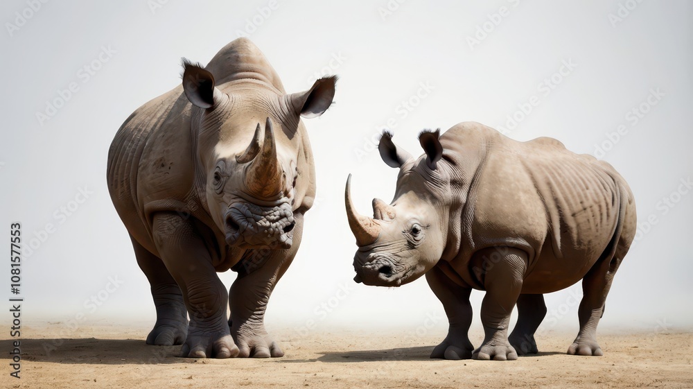 Fototapeta premium crash of rhinos, a mother rhino and a young rhino standing together on a white background