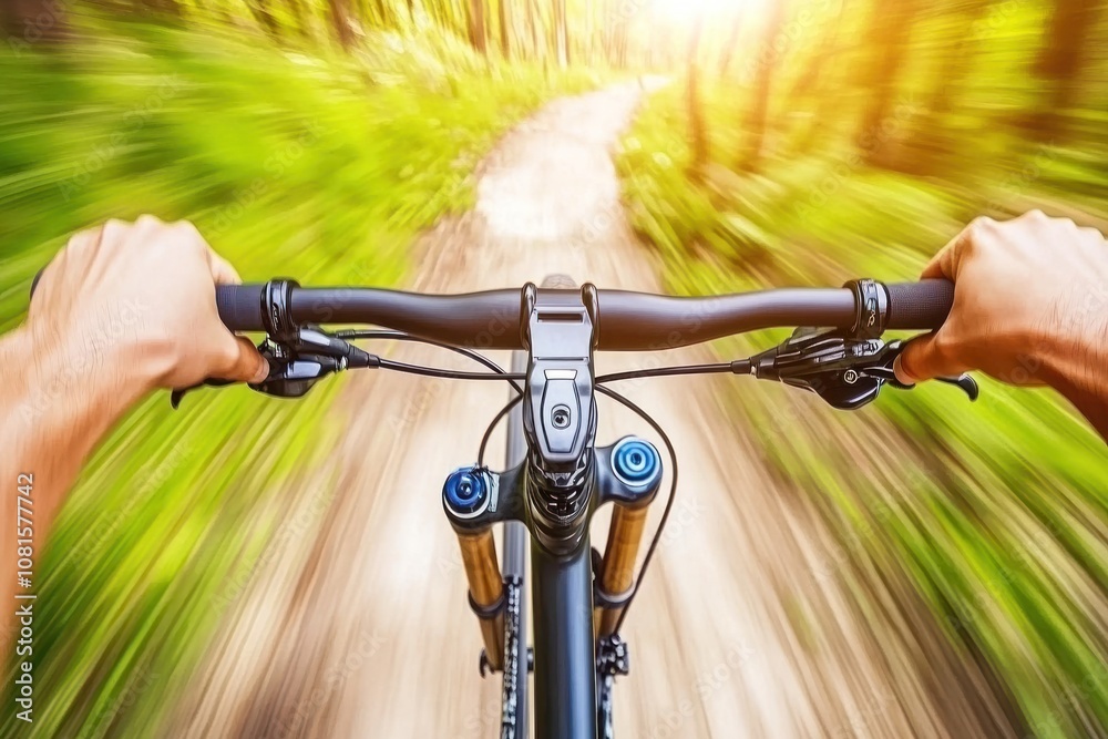First person view of a mountain biker riding fast down a trail in a forest. First person view of a mountain biker riding fast down a trail in a forest.