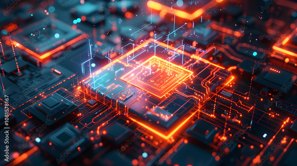 3D Render of Futuristic Circuit Board with Glowing Orange Lines - Abstract Background 3D Render of Futuristic Circuit Board with Glowing Orange Lines - Abstract Background
