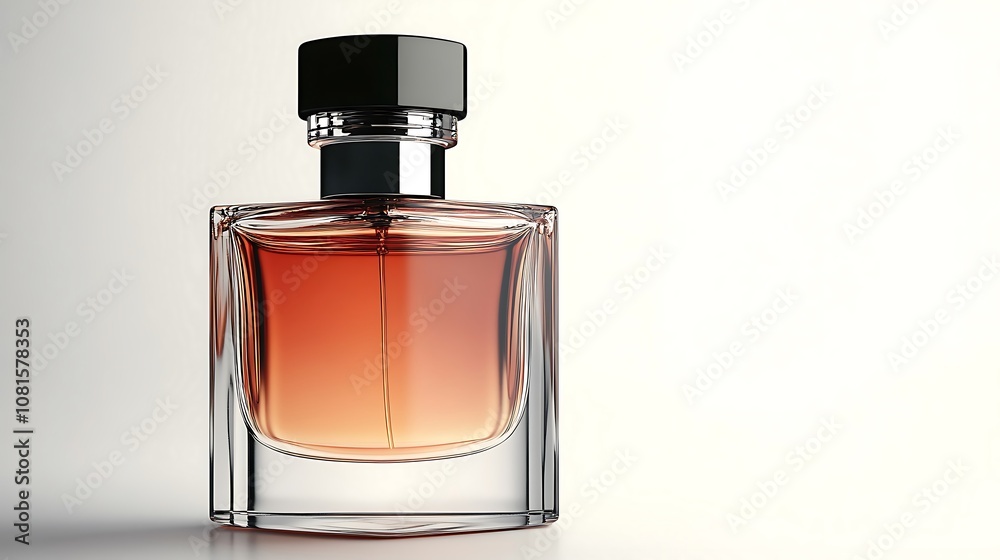 Glass bottle of perfume with a black cap and a brown liquid inside, isolated on a white background. Glass bottle of perfume with a black cap and a brown liquid inside, isolated on a white background.