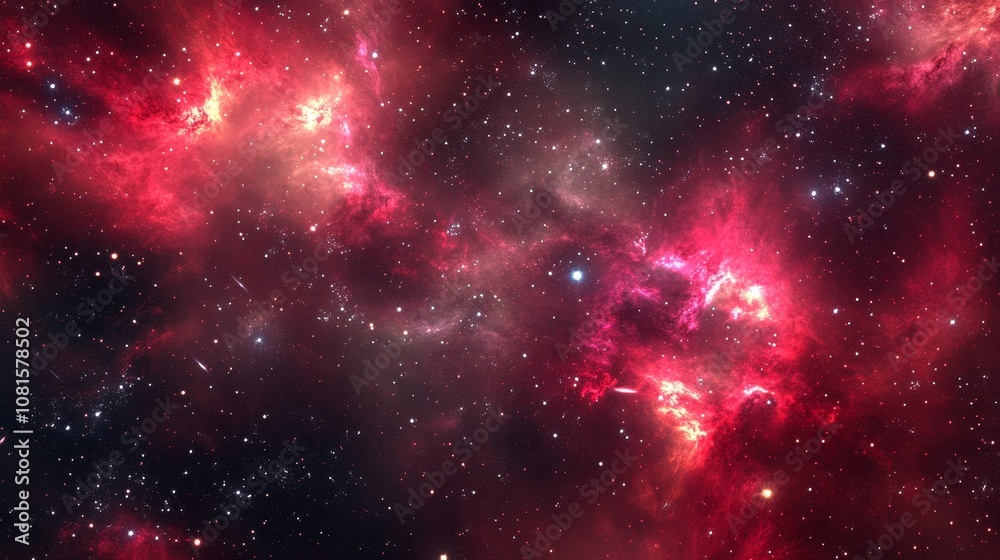 Naklejka premium Fascinating red nebula galaxy Complete with red clouds and pink, purple, and white stars.