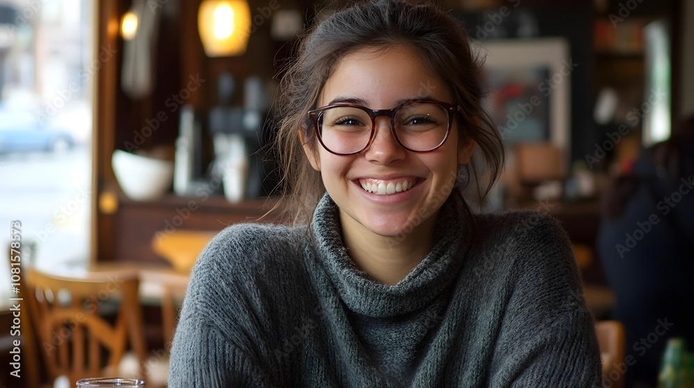 Young woman with glasses smiling warmly in a cozy caf during daylight Young woman with glasses smiling warmly in a cozy caf during daylight