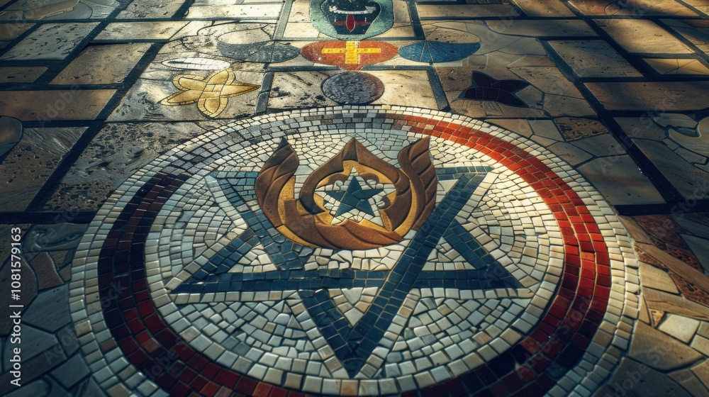 Obraz premium Religious tolerance symbolized by a mosaic of diverse religious symbols on a courtyard floor, Reflecting unity amidst spiritual diversity, photography style