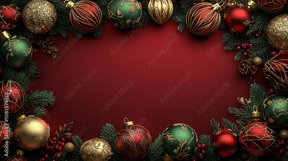 A border of shiny red and green ornaments with golden accents, framing a blank copy space in the middle, soft festive glow, hd quality, high detail, classic holiday look. --ar 16:9 A border of shiny red and green ornaments with golden accents, framing a blank copy space in the middle, soft festive glow, hd quality, high detail, classic holiday look. --ar 16:9