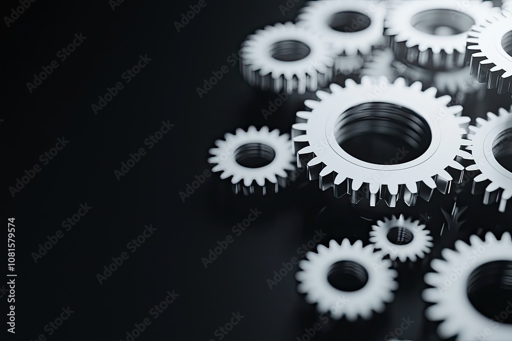 Black and white background with gears in the foreground, with copy space on a black background. serves as a background for business or mechanical design Black and white background with gears in the foreground, with copy space on a black background. serves as a background for business or mechanical design