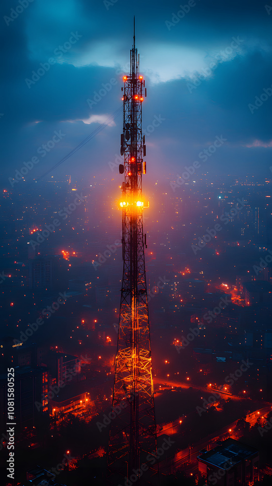 A tall radio tower stands against the backdrop of an illuminated cityscape at dusk, symbolizing communication and technology.
A tall radio tower stands against the backdrop of an illuminated cityscape at dusk, symbolizing communication and technology.