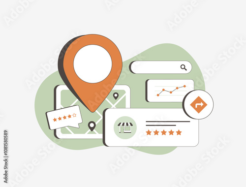 Local search marketing concept showing location-based marketing, reviews, business ratings and map listings. Small business SEO, local listings and targeted advertising isolated vector illustration