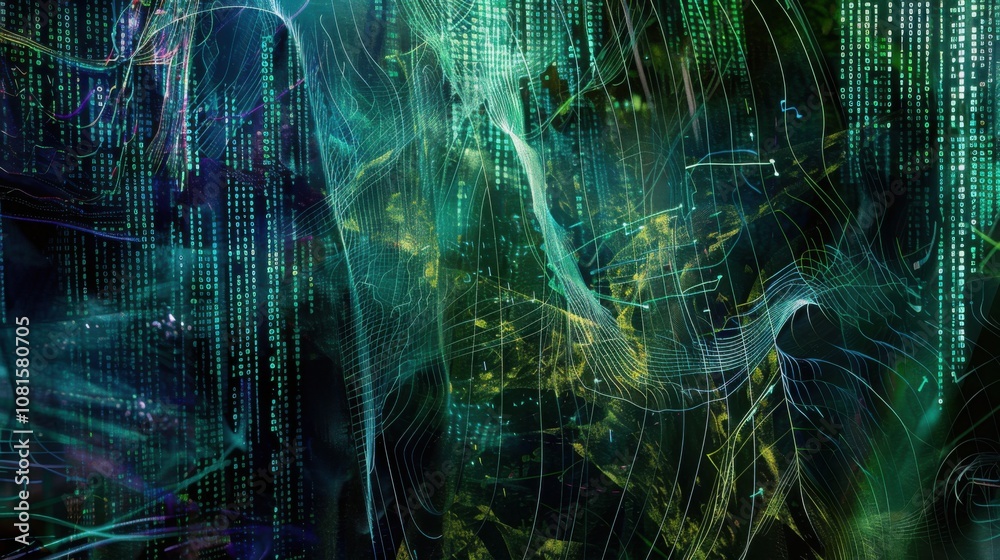 Streams of data flowing through a digital jungle of algorithms, Symbolizing the interconnectedness of information in the digital age, photography style Streams of data flowing through a digital jungle of algorithms, Symbolizing the interconnectedness of information in the digital age, photography style