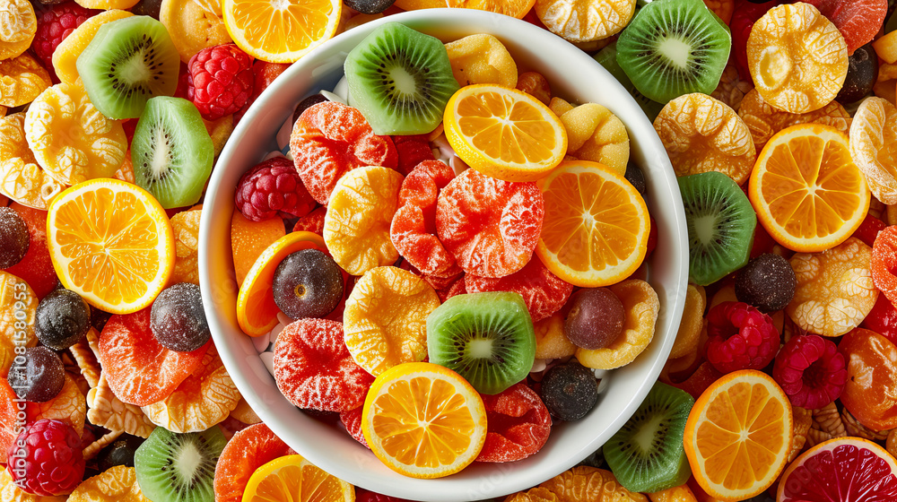 Bright and artistic arrangement of sliced fruits and cereals in a vibrant circular display background Bright and artistic arrangement of sliced fruits and cereals in a vibrant circular display background