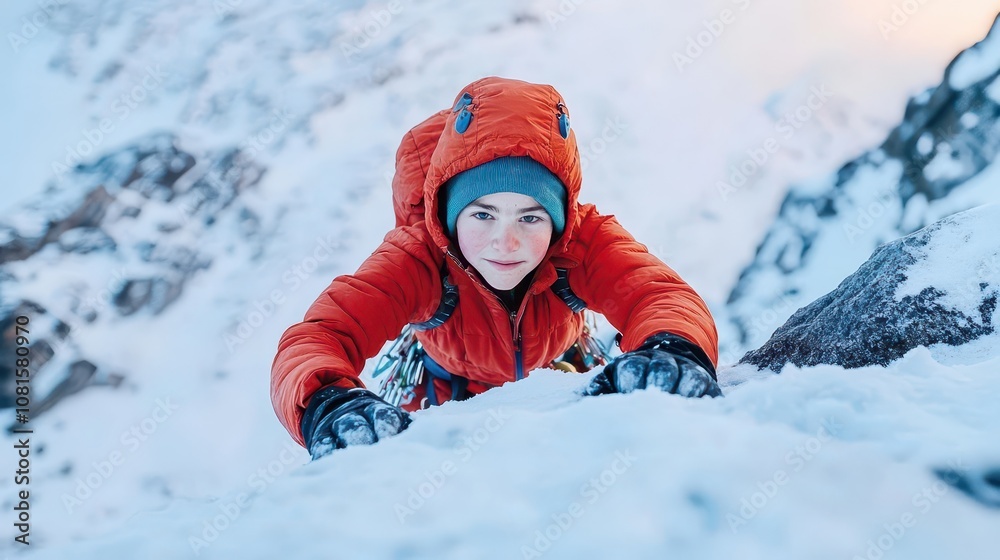 Solo climber reaches snowy peak, sunrise casting golden light, closeup of determined face, lowangle, alpine surroundings, high contrast, dynamic depth Solo climber reaches snowy peak, sunrise casting golden light, closeup of determined face, lowangle, alpine surroundings, high contrast, dynamic depth