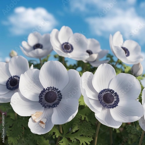 Close-up of white anemone flowers against a bright blue sky, capturing the essence of springtime, realistis photo