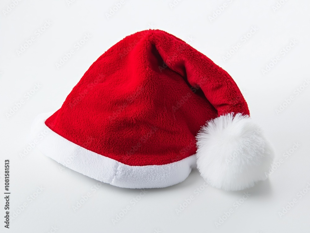 Festive Red Santa Hat with White Trim and Pom-Pom on White Background, Perfect for Holiday Celebrations, Christmas Parties, and Seasonal Decorations