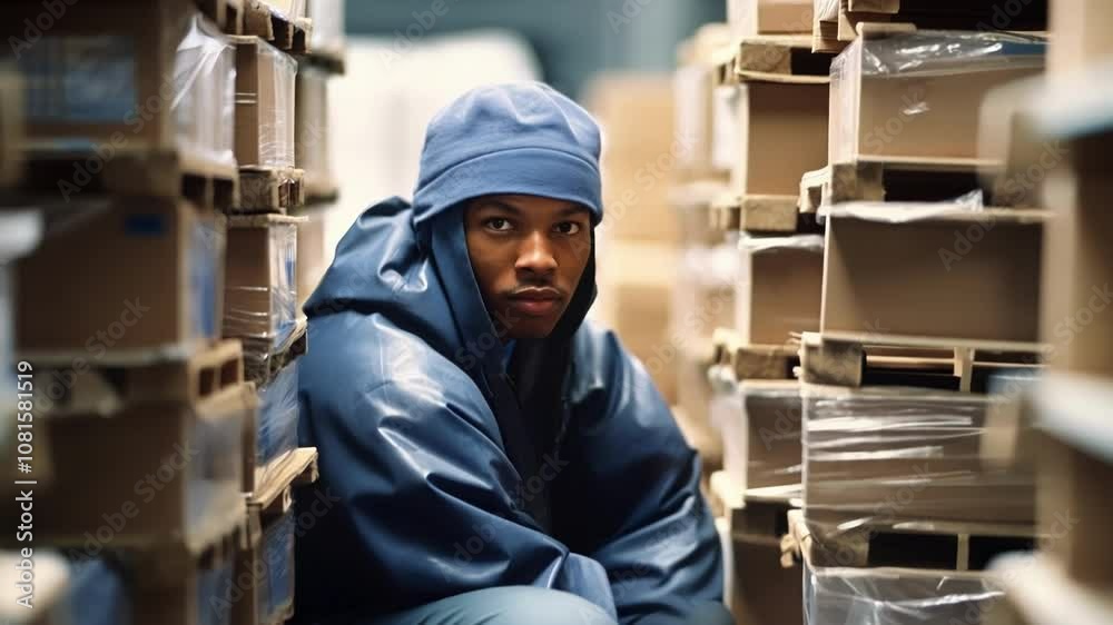 Tired man taking break in warehouse among cardboard boxes, showing hard work in storage industry Tired man taking break in warehouse among cardboard boxes, showing hard work in storage industry