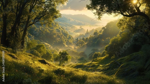 A breathtaking sunrise over a lush, green valley with mist rising from the ground.