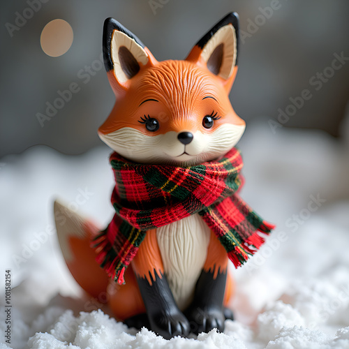 Charming winter fox figurine with a cozy plaid scarf surrounded by a soft snowy background, photography of still life concept. photo