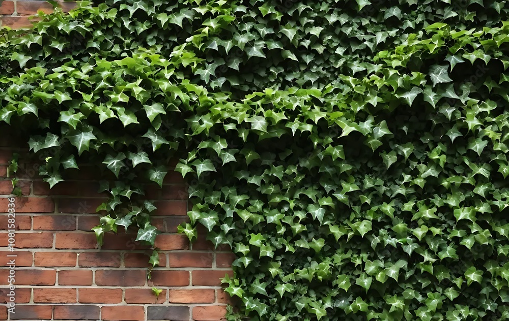 Brick Wall with Creeping Ivy and Contrasting Green Leaves Brick Wall with Creeping Ivy and Contrasting Green Leaves