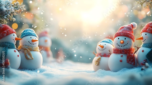 A festive border of snowmen with colorful scarves and hats, forming a playful frame around a blank central area, snowy background, soft winter lighting, hd quality, high detail. --ar 16:9 photo