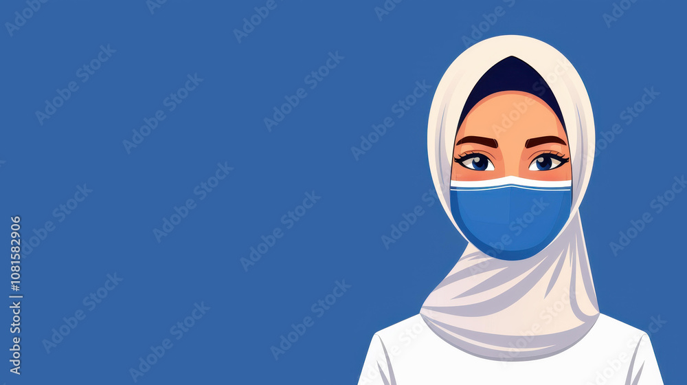 A female doctor in a hijab and mask stands confidently against a light blue backdrop, showcasing her dedication.