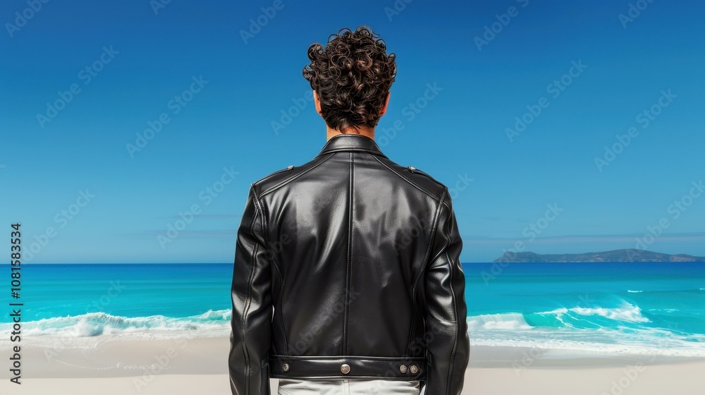 Fototapeta premium A lone man in a sleek leather jacket gazes at the vast sea, lost in thought as waves crash along the shore.