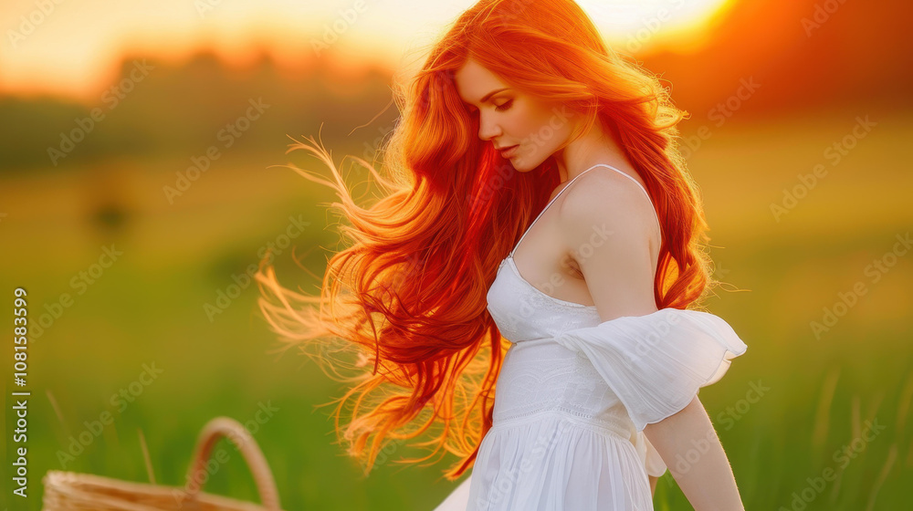 Obraz premium A redhaired woman strolls through a meadow, basking in the sunset glow, carrying a wicker basket by a tranquil well.