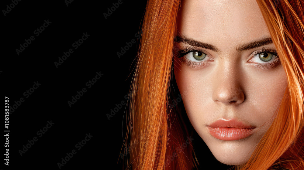 Fototapeta premium Captivating female profile exuding confidence, set against a sleek black background, perfect for professional use.