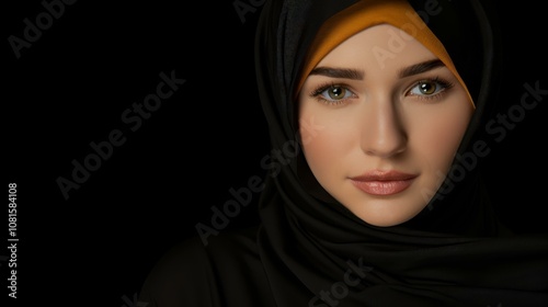 A stunning young female character design, showcasing Muslim attire with intricate patterns and vibrant colors.