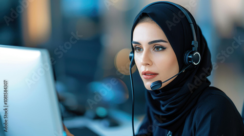 A focused female call center operator in hijab, engaged with clients while using her computer in a modern office. photo