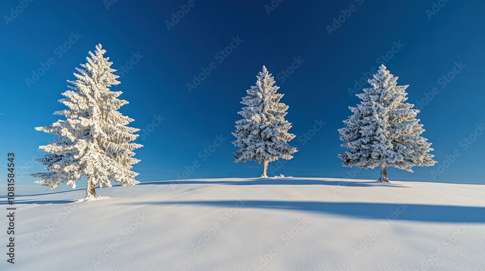 A serene winter landscape featuring three snow-covered trees against a clear blue sky. A serene winter landscape featuring three snow-covered trees against a clear blue sky.