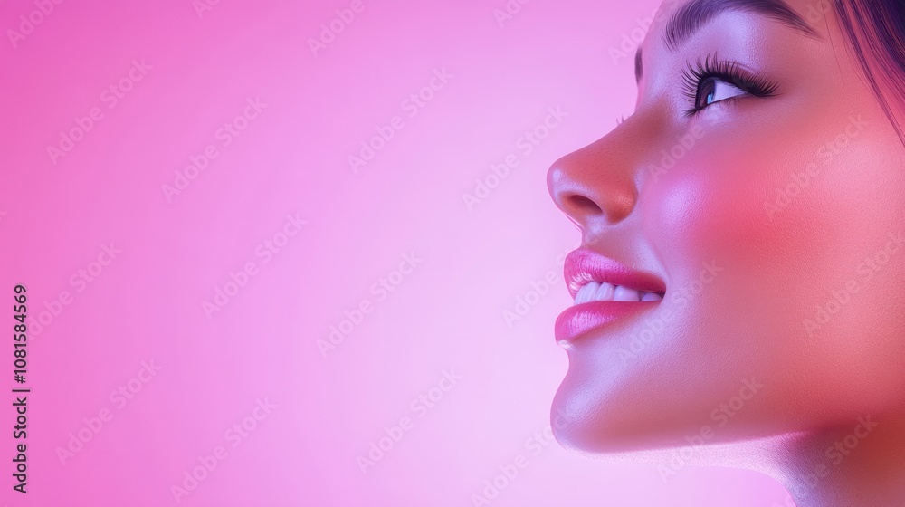 A close-up of a smiling woman's profile against a pink background. A close-up of a smiling woman's profile against a pink background.