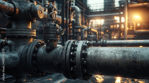 Close-up view of industrial pipes and valves in a factory setting.