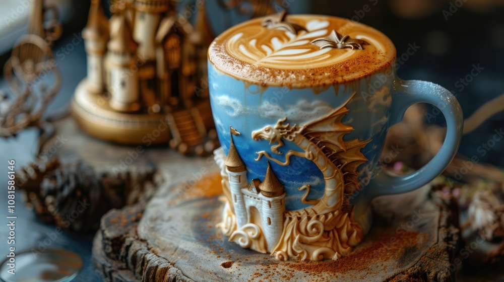 A blue mug with a dragon and a castle design holds a cappuccino with latte art. A blue mug with a dragon and a castle design holds a cappuccino with latte art.
