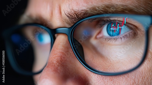 A close up of a man's face with blue eyes wearing glasses photo